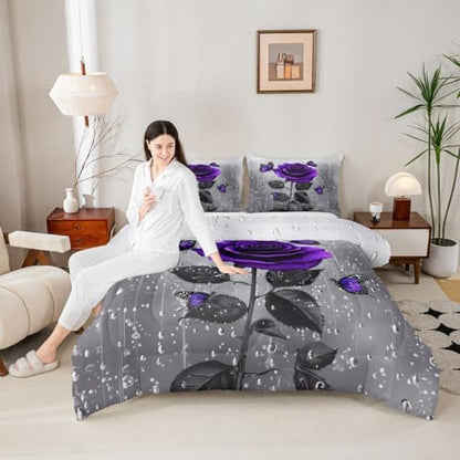 3D Rose Comforter Set Floral Print Bedding Set Romantic Flowers for Kids Boys Girls Children Teens Bedroom Decor Purple Rose Butterfly Duvet Set Full Size Quilt Set With 2 Pillow Case