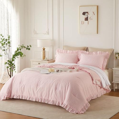 Gingham Ruffle Comforter Set Queen - 3 Piece Pink Checkered Bedding Set - Aesthetic Cottagecore Ruffled Farmhouse Comforter with 2 Pillow Shams - Soft, Lightweight All Season Bedding (90"x90")