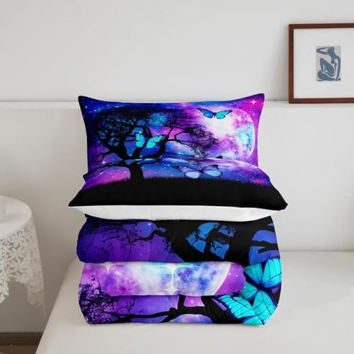 Blue Butterfly King Comforter Set for Girls Purple Starry Sky Bedding Cute Butterfly Bedding Comforter Sets Gradient Galaxy Dream Themed Duvet Insert for Boys Teens Kids Lovely Insect Decor Quilt