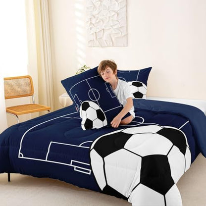 Castle Fairy Football Kids Comforter Set,Football Court Blue White Down Alternative Adults Bedroom Decor,Boys Soccer Sports Theme Ultra Soft Microfiber Inner Fill 3Pcs Bedding Queen Size