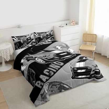 Erosebridal Race Car Bedding Set for Boys Teens Kids Black Grey Racing Car Comforter Set King Size,Cool Sports Car Quilt Bed Set Bedroom Decor for Boys Girls Race Cars Gamer Comforter Sets 3Pcs
