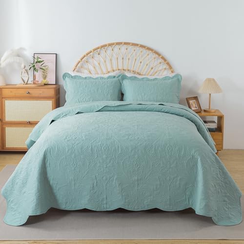 HoneiLife Quilt Set Queen Size - 3 Piece Queen Quilt Bedding Set Microfiber Quilt Sets Lightweight Bedspreads Reversible Coverlets Retro Bed Cover Floral Bedding Set All Season Quilts-Sage Green