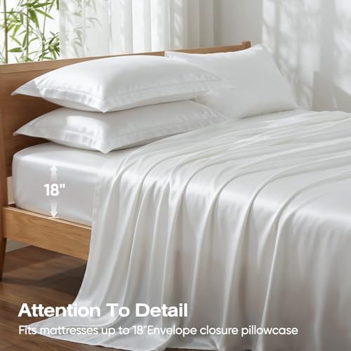 100% Real Bamboo Viscose & Lyocell Tencel Sheets Set King Size | Breathable & Cooling for Hot Sleeper | Luxury Silky Soft Fabric | 18" Deep Pocket with Corner Straps (Natural White, King)