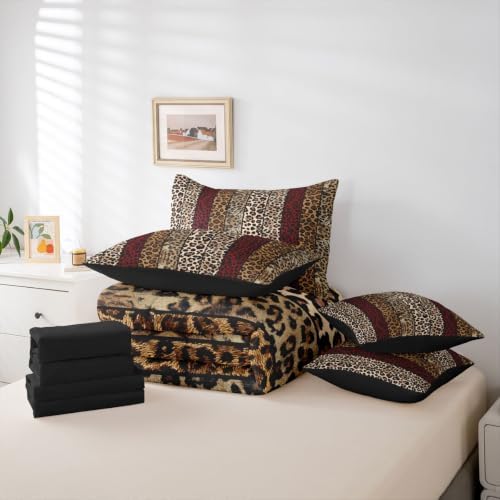 Erosebridal Red and Brown Leopard Print Queen Bedding Set for Men Women Adults - African Cheetah Printed Comforter Set Wild Safari Animal 7-Piece Bed in a Bag Modern Leopard Print Quilt Sets