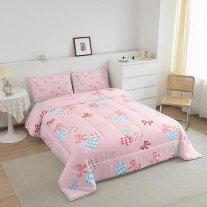 Homewish Pink Cherry Comforter Set King Size,Colorful Check Cherry Bedding Sets for Kids Girls Boys Adult Room Decor,Blue Pink Bowknots Down Comforter Cute Princess Style Quilt Set,2 Pillowcases