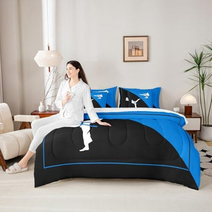Castle Fairy Teens Adult Taekwondo Comforter Set King Size 7 Pcs Black Blue Bedding Set with Comforter,Sheet Set,Pillowcase and Sham Japanese Style Bed Set Kungfu Bedding for Room Decorative