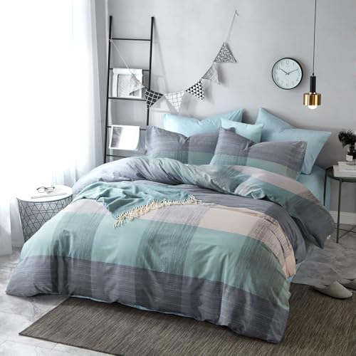 mixinni Simple Patchwork Print Comforter Set Full Size Bed Fluffy Blue Mint Green Geometric Pattern Comforter for Boys Women and Men, 1 Modern Comforter and 2 Pillowcases for All Season-Full Size