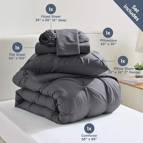 Nestl 7 Piece Twin XL Comforter Set – Dark Grey Pinch Pleated Bed in a Bag – Complete Twin XL Size Bedding Set with Sheets, Set of 2 Cooling Pillows, Pillowcase and Sham