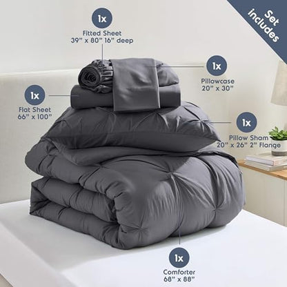 Nestl 7 Piece Twin XL Comforter Set – Dark Grey Pinch Pleated Bed in a Bag – Complete Twin XL Size Bedding Set with Sheets, Set of 2 Cooling Pillows, Pillowcase and Sham