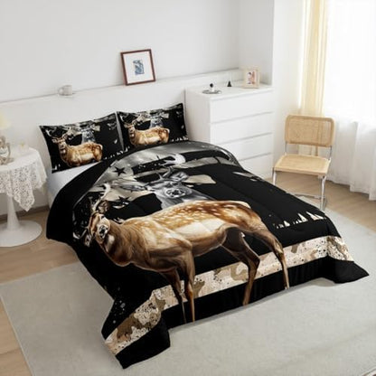Feelyou Snowy Forest Deer Comforter Set with 1 Pillowcases,Camo American Flag Toddler Bed in a Bag Rustic Hunting Wild Animal Bedding Set for Teen Mens Bedroom Decor,Elk Comforter Boys Room Decor