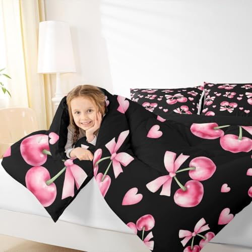 Cherry Bowknot Kids Comforter Set Queen Size,Pink Bow Tie Butterfly Knot Princess Bedding Set,Girls Boys Room Decor,Love Heart Geometric Patchwork Quilt Comforter,Dreamy Duvet Insert,2 Pillowcases