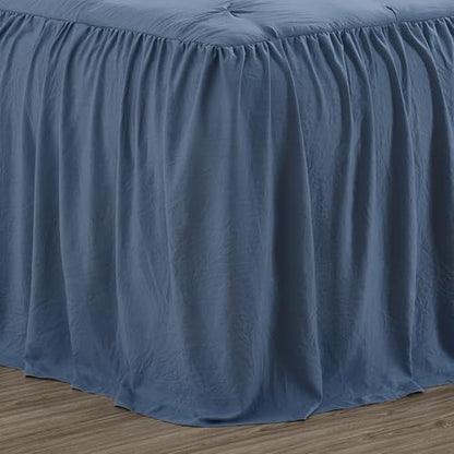 Chezmoi Collection Aria 3-Piece Pinch Pleat Pintuck Ruffle Skirt Bedspread Set - French Country Chic Farmhouse - King, Dusty Blue