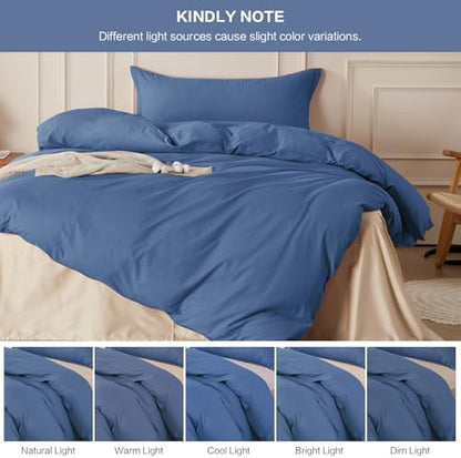 SAPHREAS 100% Washed Cotton Duvet Cover Twin Size Set, Linen Like Comforter Cover with Zipper Closure & Corner Ties (No Comforter), 68x90 Navy Blue