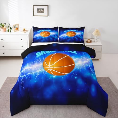 Glowing Basketball Bedding Set Full Size 3D Flame and Lightning Basketball Comforter Sets for Kids Boys Teens Bedroom Decor Ball Sports Games Quilted Duvet Cool Blue Duvet Insert,2 Pillowcases