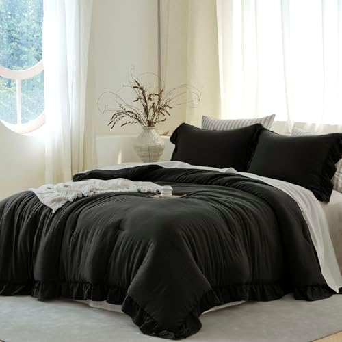 Black Ruffle 3 Pieces Comforter Set King Shabby Chic Bedding Set