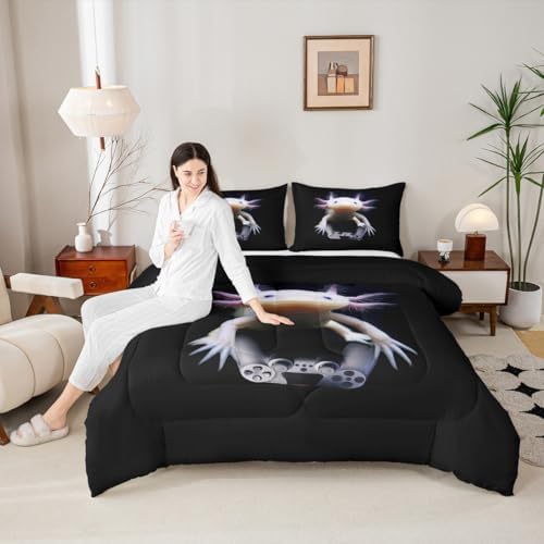 Castle Fairy Axolotl Boys Girls Comforter Set,Mexican Animal Duvet Set for Room Decor,Cute Axolotl Play Gamer Brushed Microfiber Soft Quilt Cover,Full