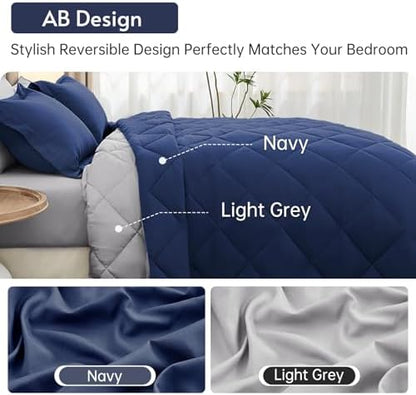 MUXHOMO 7 Pieces Oversized King Comforter Set, Reversible Bed in a Bag Oversized King Size, All Season Bedding Set with Comforter, Flat Sheet, Fitted Sheet, Pillowcases & Shams, Navy & Light Grey