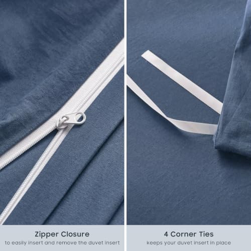 Wake In Cloud - Cotton Duvet Cover Set, 100% Washed Cotton, Linen Like Textured, Breathable Durable Comfy Farmhouse Neutral Bedding Set, 3 Pieces, Dark Blue, King Size