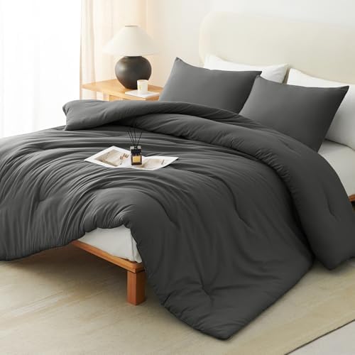 CozyLux Super King Plus Comforter Set, 3 Pieces Dark Grey Quilted Bedding