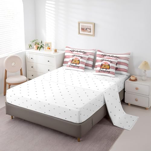 Erosebridal Happy Camping Comforter Set Full Size,Cartoon RV Bedding Set for Kids Teens,Pink Wooden Plank (Comforter+Fitted+Flat Sheet+2 Pillowcases+2 Throw Pillow Covers) 7 Pieces Bed Set