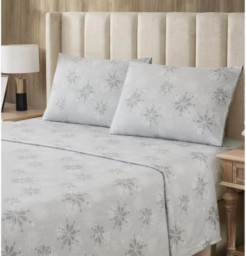 Sweet Home Collection Flannel Christmas Sheet Set, Falling Snow Silver Queen, Deep Pocket Soft Brushed Microfiber Holiday Bedding with Fitted Sheet, Flat Sheet & Pillowcase(s)