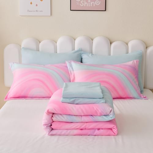 Wajade Girls Pink Comforter Set Bed in A Bag Twin Size 7 Piece 3D Colorful Tie Dye Pink Rainbow Bedding Set for Teens Girls (1 Comforter, 1 Flat Sheet, 1 Fitted Sheet, 2 Pillowcase and 2 Pillow Sham)