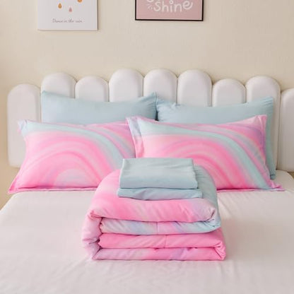 Wajade Girls Pink Comforter Set Bed in A Bag Twin Size 7 Piece 3D Colorful Tie Dye Pink Rainbow Bedding Set for Teens Girls (1 Comforter, 1 Flat Sheet, 1 Fitted Sheet, 2 Pillowcase and 2 Pillow Sham)