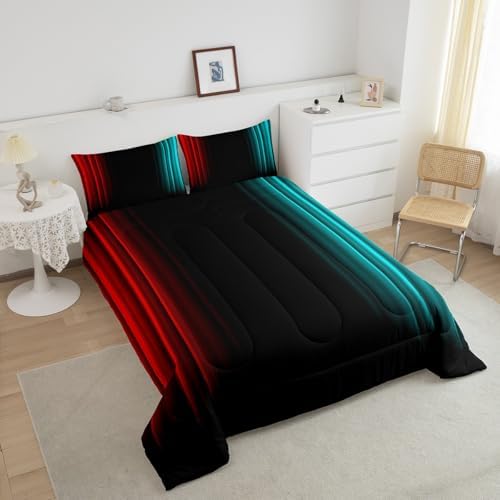 Feelyou Teens Abstract Ombre Decorations Bedding Set for Kids Women Red Teal and Black Comforter Set Geometric Modern Quilt Set Room 2Pcs Twin Size