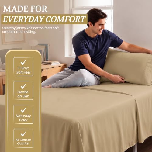 Twin XL Cotton Knit Jersey Sheet Set, 15" Deep Pocket, Taupe, 3pc