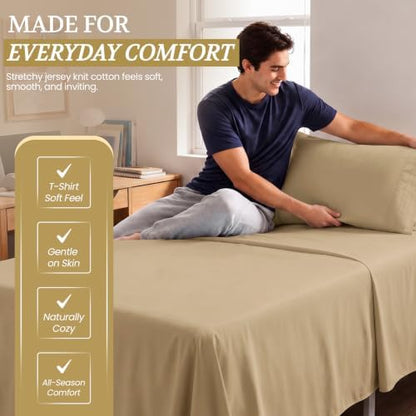 Twin XL Cotton Knit Jersey Sheet Set, 15" Deep Pocket, Taupe, 3pc