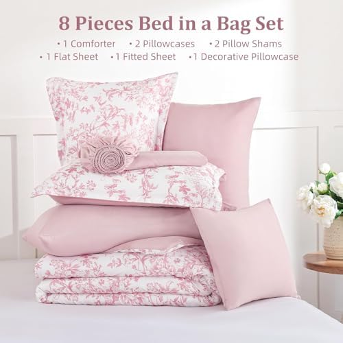 6 Pieces Pink Comforter Set Twin Size, Floral Bed in a Bag Comforter Sets