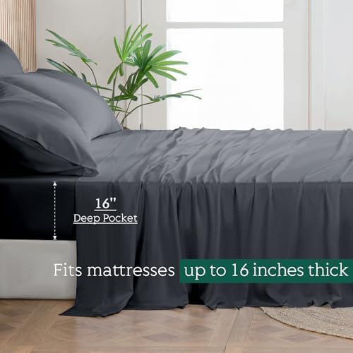 Cooling Sheets Set Full Size, Viscose Derived from Bamboo for Hot Sleepers | Deep Pocket Up to 15 Inch | Silky Soft & Breathable Bedding - 4PC (Full, Dark Grey)
