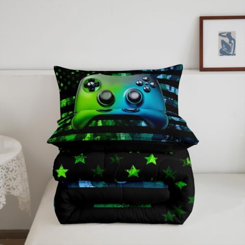 Gamer Comforter Set Queen Kids Boys Teens Usa Flag Stars Down Comforter Gaming Comforter Gamer Room Decor Camo Video Game Bedding Set, Gamepad Console Duvet, Youth Young Man Quilt, Grunge Style