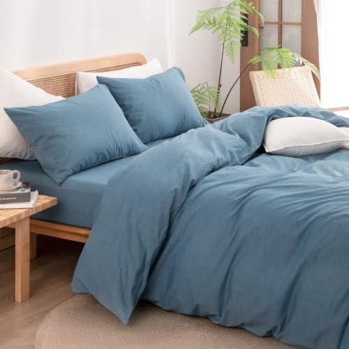 BESTOUCH Cotton Solid Duvet Cover Set Linen Feel Dark Blue Alaska King