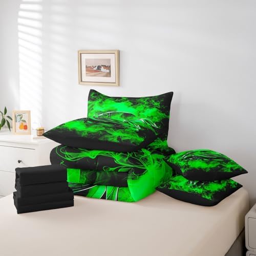 Feelyou Speed Sports Car Comforter Set with Sheets Queen Size Kids Smoky Race Car 7 Pieces Bedding Set for Boys Girls Teens Racing Car Bed in a Bag Breathable Extreme Sports Bed Set Black Green