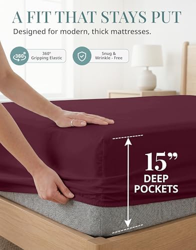 450TC 100% Cotton Twin Single Bed Sheets - Soft Sateen Weave, Windsor Wine