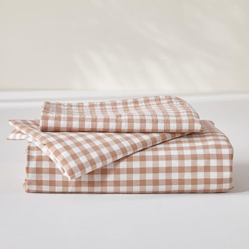 SAPHREAS Gingham Duvet Cover Set King Size, 100% Washed Cotton Linen Like Plaid Comforter Cover with Zipper Closure & Corner Ties (No Comforter), 104x90 Taupe