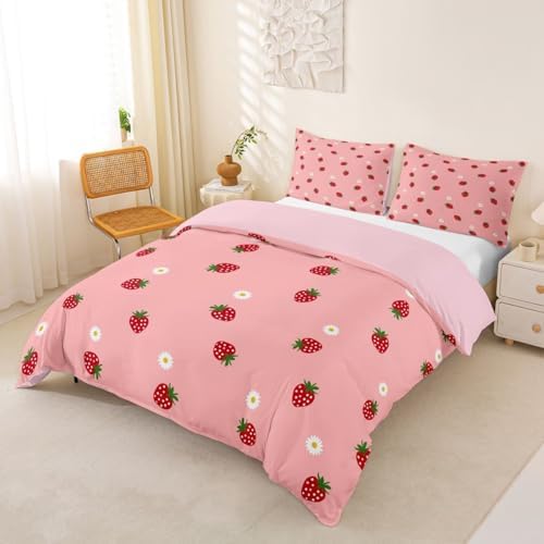 Strawberry Comforter Cover Set Tropical Fruit Bedding Set for Girls Kids Teen Cute Cartoon Fruits Pattern Duvet Cover Soft Microfiber Reversible Bedspread,1 Duvet Cover with 2 Pillowcases, Full