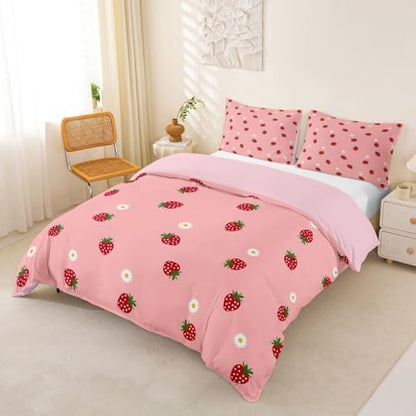 Strawberry Comforter Cover Set Tropical Fruit Bedding Set for Girls Kids Teen Cute Cartoon Fruits Pattern Duvet Cover Soft Microfiber Reversible Bedspread,1 Duvet Cover with 2 Pillowcases, Full