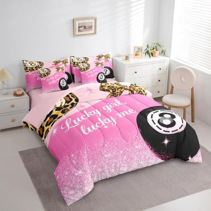 Pink Girly Fashion Y2K King Comforter Set 7 Piece Trendy Leopard Lucky 8 Ball Bedding Set For Kids Girls Teen,Cheetah Print Bow Bed In A Bag Preppy Room Decor,Fashion Coquette Aesthetic Bed Set