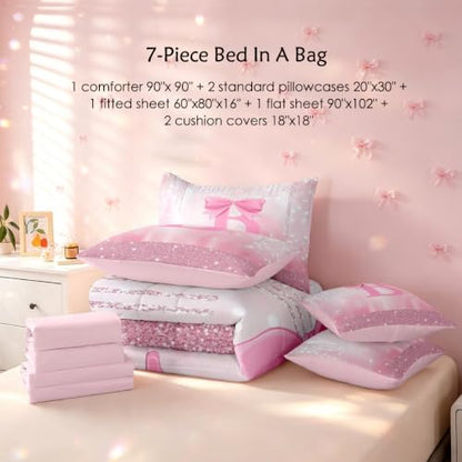 Feelyou Kids Pink Bowknot 7 Pieces Bedding Set Queen Size for Boys Girls