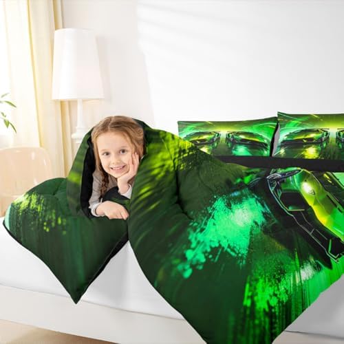 Feelyou Green Racing Car Kids Comforter Set King Size Boys Sports Car Bedding Set Speed Sports Duvet Quilt for Kids Boys Girls Bedroom Extreme Decor Microfiber Ultra Soft Breathable