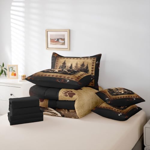 Erosebridal Grizzly Bear Bedding Set King Vintage Woodland Animal Comforter Set 7 Piece Hunting Wildlife Bear Paw Bed in A Bag for Adults Farmhouse Forest Cabin Quilt with Flat Fitted Sheet