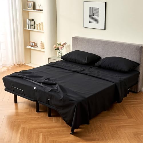 Kingnex 32-34 Split Top King Sheets Sets for Adjustable Bed with Straps Soft 1800 Microfiber Breathable 4 Pcs Flex Head King Bedding Set Black