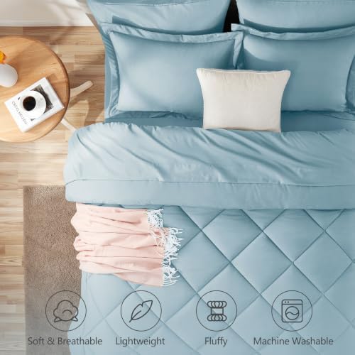CozyLux Queen Comforter Set 88"x88" Light Blue - 7 Piece Bed in a Bag