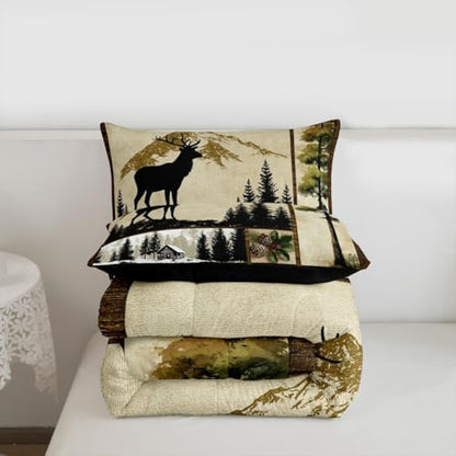 Erosebridal Deer Hunting Comforter Set Twin Size Wild Animal Deer Print Bedding for Boys Girls Western Themed Bedding Comforter Sets Grids Patchwork Decor Duvet Insert Hunting Theme Quilt 2 Pcs