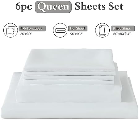ILAVANDE White Queen Sheets Set 6 Piece,Hotel Luxury Super Soft 1800 Series Microfiber Queen Bed Sheets Set-Wrinkle Free & Breathable-14 Deep Pocket Sheets for Queen Size Bed(Queen,White)