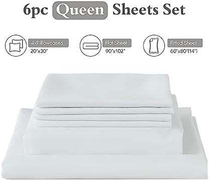 ILAVANDE White Queen Sheets Set 6 Piece,Hotel Luxury Super Soft 1800 Series Microfiber Queen Bed Sheets Set-Wrinkle Free & Breathable-14 Deep Pocket Sheets for Queen Size Bed(Queen,White)