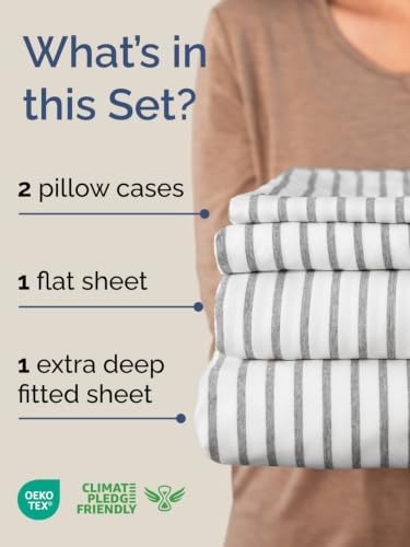 Extra Deep Pocket Queen Sheet Set - Breathable & Cooling - Grey Stripes