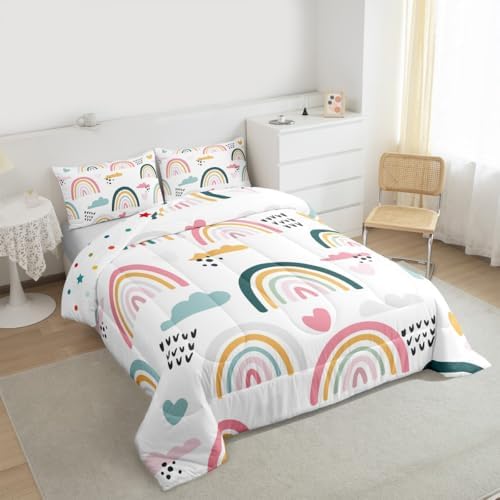 Rainbow Comforter Set Cartoon Rainbow Bedding Set King Size for Kids Girls Boys Nursery Toddler Hand Drawn Iridescent Print Down Comforter Colorful Clouds Love Heart Quilt Duvet Set 2 Pillow Cases